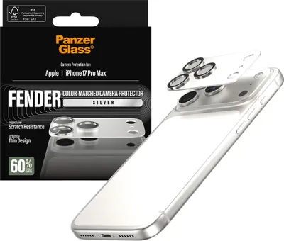 Immagine prodotto di PanzerGlass® Fender Camera Protector Silver iPhone 17 Pro Max, Apple, Apple - iPhone 17 Pro Max, Applicazione a secco, resistente ai graffi, resistente agli urti, Argento, 1 pezzi