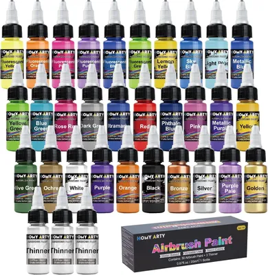 Productafbeelding van Airbrush verf - 30 kleuren met 3 dunnere - Watergedragen airbrush verfset - Klaar om acryl luchtborstelverf te spuiten voor metaal