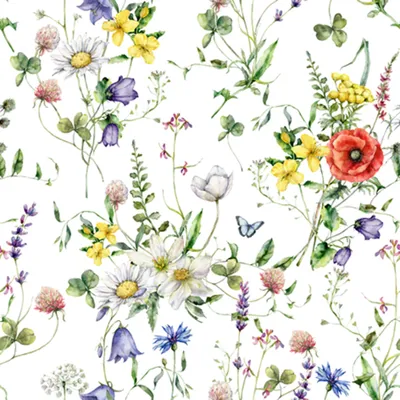 Produktbild von Servietten Papier 33x33cm 3-lag Wiesenblumen Motiv 20 Stk Weiß / Bunt
