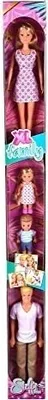 A box containing multiple dolls of varying sizes, with a pink and white patterned background.