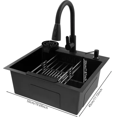 Immagine prodotto di Lavello da cucina - Lavello da incasso - 50 x 45 cm - Nero - Vasca singola - Acciaio inossidabile - Con rubinetto - 1 foro