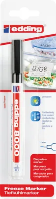 A black Edding freeze marker in its retail packaging, with product information and icons displayed.