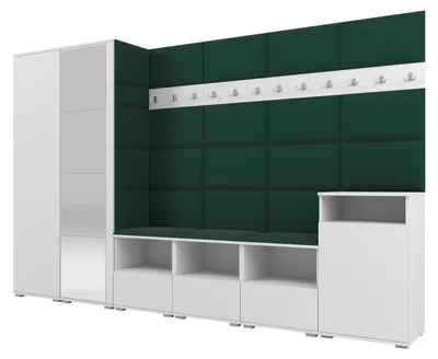Produktbild von Garderobe NELA XII 300 cm Modulare Flurmöbel Weiß mit Spiegel & Sitzpolster Flaschengrün 28 (Gigantisches Set)