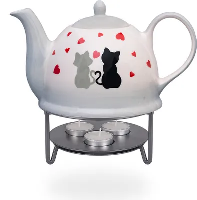 Produktbild von Teekanne mit Stövchen / Teekrug / Teebereiter 1,5l  Katzenpärchen mit Herzen