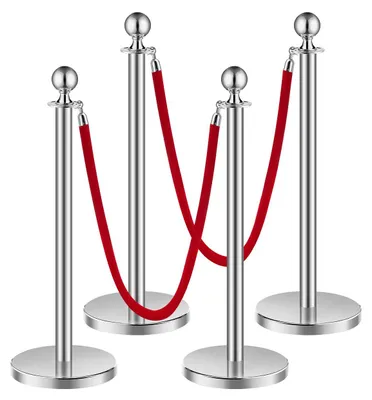 Imagen del producto de VEVOR: Barreras de seguridad (juego de 4) con 2 cuerdas de terciopelo rojas (1,5 m de largo). Barreras de acero inoxidable con base rellenable, ideales para ferias y eventos