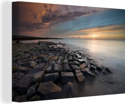 Produktbild von OneMillionCanvasses® - Leinwandbilder - 140x90 cm, Wattenmeer - Felsen - Sonne, Wandbilder Kunstdruck Wanddekoration