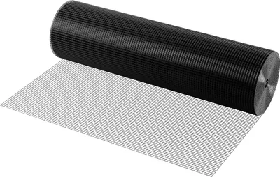 A roll of black wire mesh is partially unrolled on a white surface.