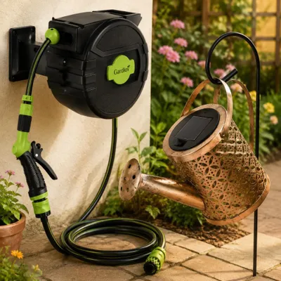 Produktbild von Solar-Gartenbewässerungsset (2-teilig) – 20 m automatische Schlauchtrommel & Solar-Gießkanne mit Gartenlampe