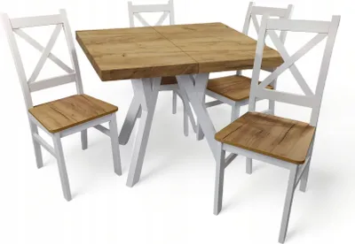 Zdjęcie produktu dla Stół + 4 krzesła biały + dąb craft kwadrat 90x90 z możliwością rozłożenia do 190 cm