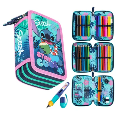 Produktbild von Federmäppchen 3 Fächer - Mäppchen für Mädchen - Federmappe 3-Fach Federtasche Gefüllte Schüleretui Schulmäppchen und Füller- Stitch