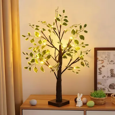 Produktbild von BeleuchteterBirkenbaum mit grünen Blättern, 24 LED Warmweiß, Tischbaum Dekolampe, USB/Batteriebetrieben, Deko Licht für Weihnachten, Ostern (Schwarz)