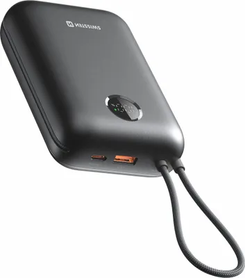 A black power bank with a digital display and integrated cables is shown against a white background.