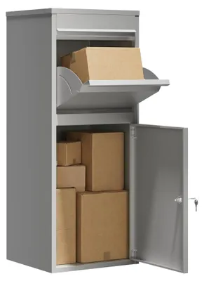Obrázek produktu pro Schránka na balíky Wiltec šedá 410 x 380 x 1020 mm Schránka na balíky z oceli s práškovým nástřikem Uzamykatelná volně stojící schránka na dopisy pro příjem balíků v domácnosti Doručování balíků, pošty, dopisů