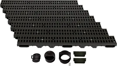 A set of black plastic drainage channels and accessories are arranged on a white background.