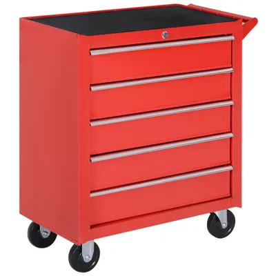 Image de DURHAND Servante d'atelier en acier, chariot à outils sur roulettes, 5 tiroirs, résistante aux rayures, caisse à outils pour atelier, verrouillable 2 clés, rouge