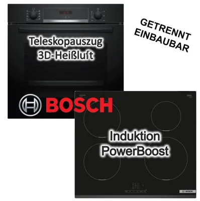 Produktbild von Herdset BOSCH Einbau-Backofen Hydrolyse Pizzafunktion Teleskopauszug + Induktionskochfeld PowerBoost Touch