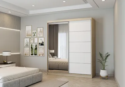 Obrázok produktu pre FurMeb24 Dvojdverová posuvná skriňa BELLA, 183 x 218 cm, šatníková skriňa so zrkadlom – elegantná skriňa s posuvnými dverami (dub Sonoma / biela)