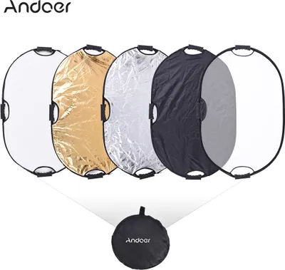 Obrázok produktu pre Andoer 90 × 60 cm, pohyblivý oválny skladací 5-v-1 multifunkčný reflektor so zlatou, striebornou, bielou, čiernou a priehľadnou farbou pre fotografovanie vo fotostúdiu