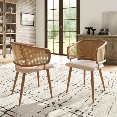 Produktbild von Flieks Esszimmerstühle 2er-Set, Stuhl mit Rattan-Rückenlehne, Sitzkissen aus Samt, für Küchen Wohnzimmer Cafés, beige