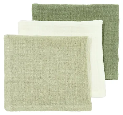 Produktbild von Meyco Baby Uni Mundtücher - 3 Stück - Pre-Washed Hydrophil - 30 x 30 cm - Naturel/Soft Olive/Olive Green