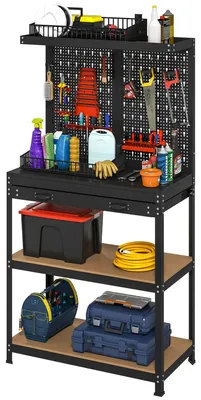 Image de Table de travail - Rangement à outils - 80 x 40,5 x 155 cm - Panneau perforé avec crochets - Tiroir - 2 étagères - MDF/Métal - Noir