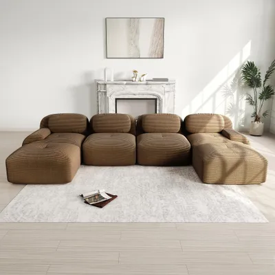Immagine prodotto di Divano modulare a forma di "U", senza necessità di montaggio, realizzato in tessuto corduroy, dimensioni 388x178x70 cm, colore marrone. Angolo relax ideale per chi ha animali domestici, con ampi braccioli.