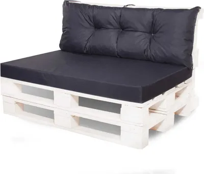 A black cushion set for a pallet sofa, placed on a white wooden pallet base.