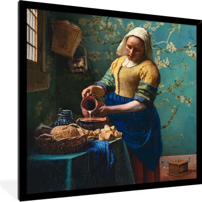 Produktbild von MuchoWow® Gerahmtes Poster Milchmädchen - Mandelblüte - Van Gogh - Vermeer - Gemälde - Alte Meister 40x40 cm - Poster mit Schwarzem Bilderrahmen Wandposter Rahmen Foto Bilder - Mit Rahmen - Wanddekoration Schlafzimmer