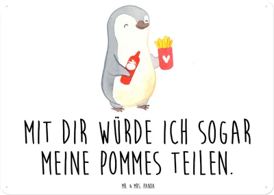 Produktbild von Mr. & Mrs. Panda Schild Pinguin Pommes DIN A3 - Weiß - Geschenk, Freundin, Hochzeitstag, für Partner, Türschild, Frauen, Wandbild, tafel, Valentinstag, Retro Blechschild
