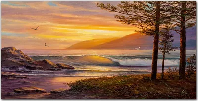 Produktbild von Coloray Bild aus Leinwand 100x50 Leinwand Dekoration - Bäume Wellen Sonnenuntergang