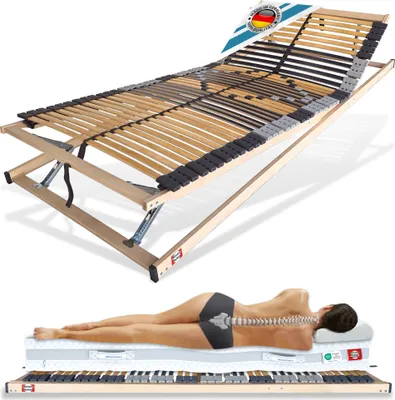 A slatted bed base and a mattress with a person lying on it, showing spinal alignment.