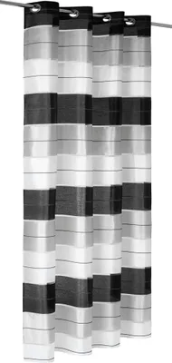Four striped curtains hanging from a rod.