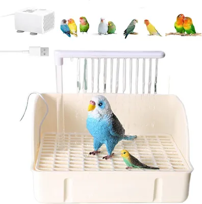 Produktbild von Vogelbad mit Wasserpumpe – automatische Vogeldusche mit USB-Pumpe – Vogelbadewanne für Papageien & Gartenvögel – Wasserzirkulation – Weiß