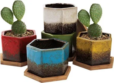Produktbild von Famanu Set von 5 keramischen Mini-Blumentöpfen - Sechseckige Pflanzgefäße
