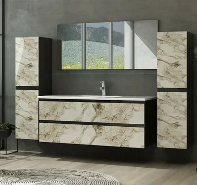 Produktbild von 120 cm Badmöbel Set Schwarz/ Weiss Marmor Optik Hochglanz Badezimmermöbel 120 cm 2x Hochschrank 1x Spiegel 1x Waschbecken Unterschrank 1x Keramik Waschtisch 1x Spiegel Ablage