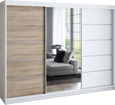 A bedroom wardrobe with sliding doors, one with a wood effect and the other mirrored.