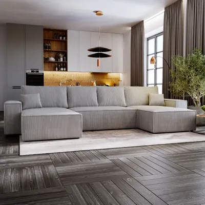 Produktbild von Ecksofa MOSEN U-form 370x181 cm mit Bettkasten und Schlaffunktion - Poso 55 / Grau
