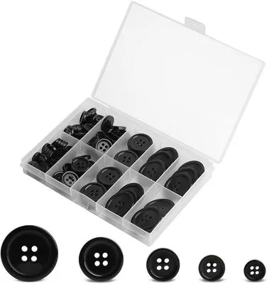 Image de Boutons ronds en plastique noir, lot de 100, 5 tailles, avec boîte de rangement, pour les vêtements et le bricolage