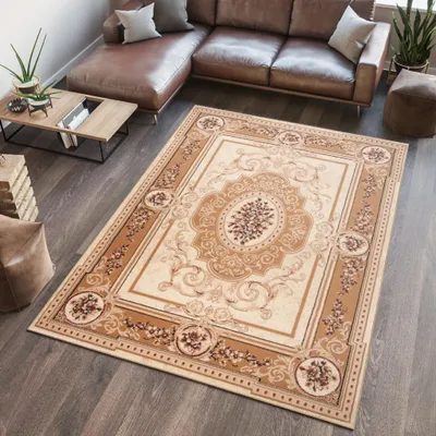 A living room scene with a sectional sofa, coffee table, and a rug.