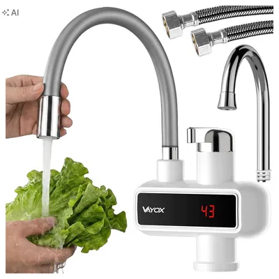 Obrázek produktu pro Vayox kuchyňská baterie s průtokovým ohřevem VA0230, s indikátorem, flexibilní výtok v šedé barvě, 3000W, bílá