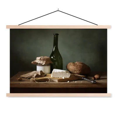 Produktbild von MuchoWow® Textilposter Rustikal - Brie - Stillleben - Flasche - Brot 120x80 cm mit holzfarbenen Rahmen - Aufhängeset