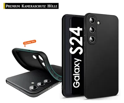 A black phone case is shown with a phone inside, highlighting its camera protection and flexible TPU material.