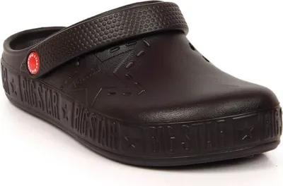 A single black clog shoe is shown against a white background.