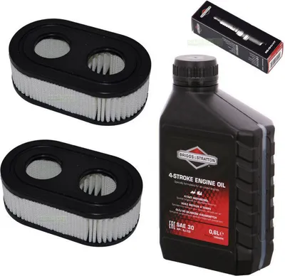 A collection of engine maintenance parts including air filters, engine oil, and a spark plug.