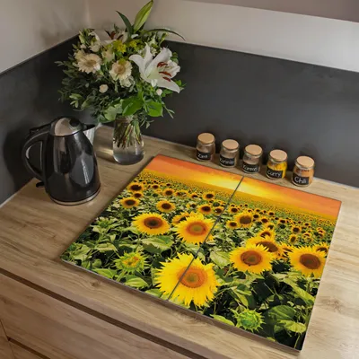 Produktbild von banjado Herdabdeckplatte zweiteilig je 30x52cm groß mit Gummi Abstandshalter, ESG Sicherheitsglas mit Motiv Sonnenblumenmeer [HAP2 12283]