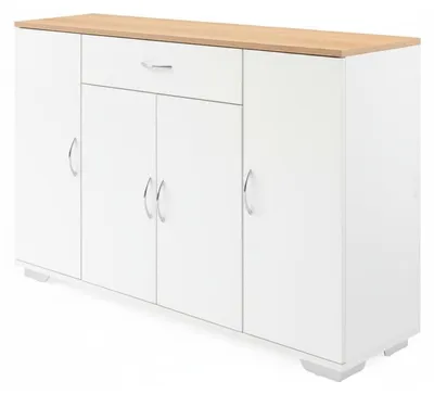 Immagine prodotto di Comò con 1 cassetto e 4 ante, finitura effetto legno di quercia bianca, larghezza 110 cm; mobile contenitore con ripiani interni regolabili