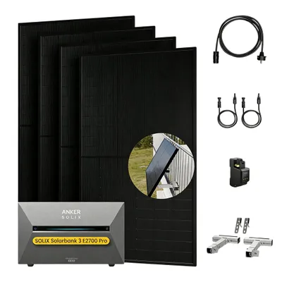 Produktbild von Powerness Balkonkraftwerk mit Speicher, Anker SOLIX Solarbank 3 E2700 Pro und 4x 500W PV Panel, Smarter Zähler und 4x Balkon-Halterung(Silber)  0% VAT