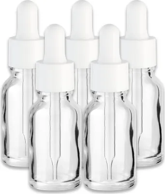 Produktbild von 5x Farblose Glasflasche 15 ml mit weißer Pipette Tropfflasche 18 mm