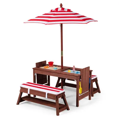 Productafbeelding van COSTWAY kinderspeelset met parasol, waterdriel, 2 bankjes, picknicktafel voor buiten, kindertafel inclusief 2 bakken, schepjes, harkjes en beschermhoes