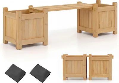 Image de Jardinière COSTWAY avec banc de jardin, banc en bois avec 2 bacs à fleurs latéraux, banc 2 places en bois massif, banc d'extérieur, naturel (105 x 26,5 x 29,5 cm)